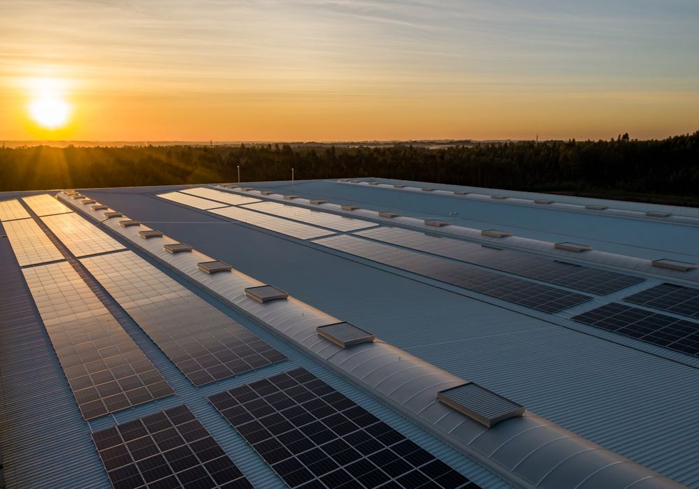 Solar panels installed across a commercial roof at sunset